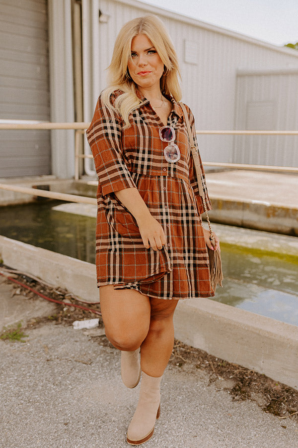 Premium Plaid Tunic Dress - Dark Camel Elegance for Curves