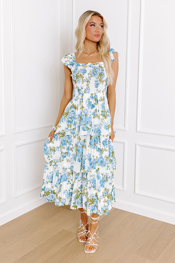 Ultimate Rose Garden Gala Tiered Midi Dress in Blue