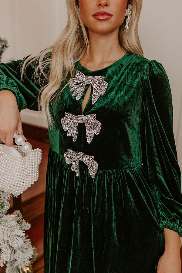 Ultimate Glam Velvet Mini Dress with Rhinestone Bows - Hunter Green