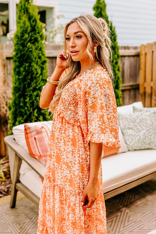 Ultimate Floral Elegance Smocked Maxi Dress in Vibrant Orange