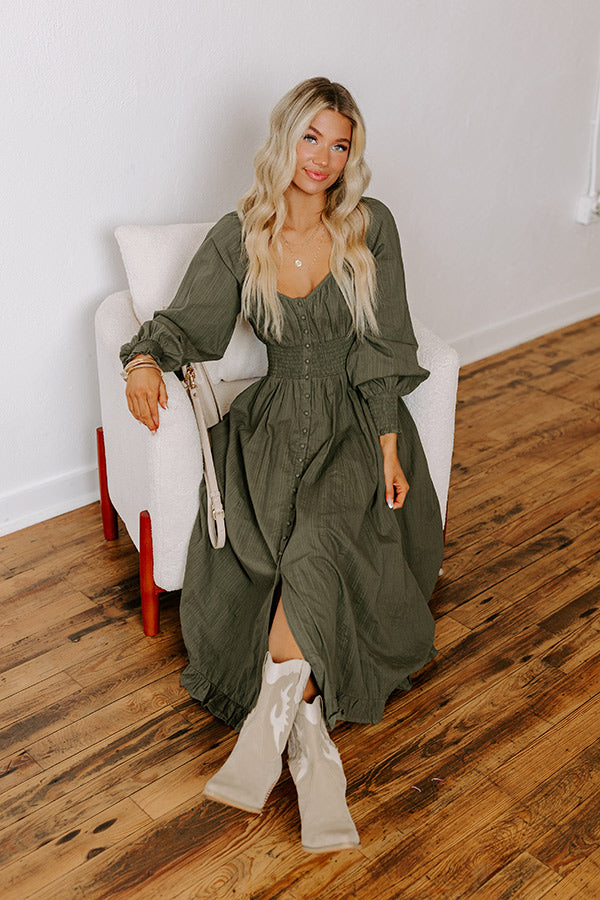 Premium Olive Sunset Views Button Down Midi Dress