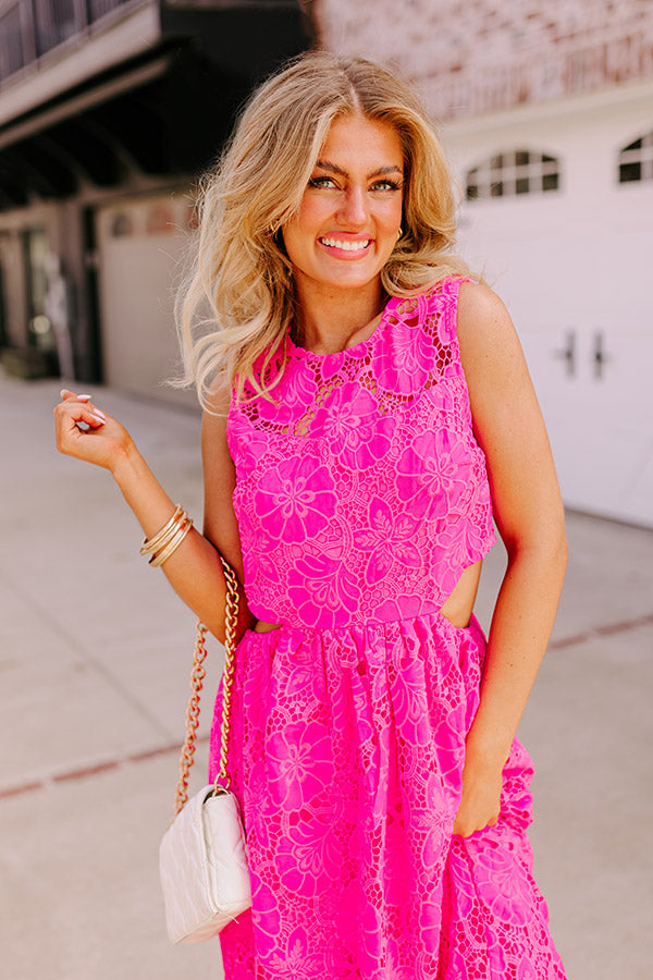 Ultimate Elegance Lace Cut Out Midi Dress - Hot Pink