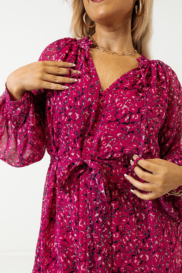 Ultimate Fuchsia Chiffon Shift Dress - Animal Print & Shimmer Accents