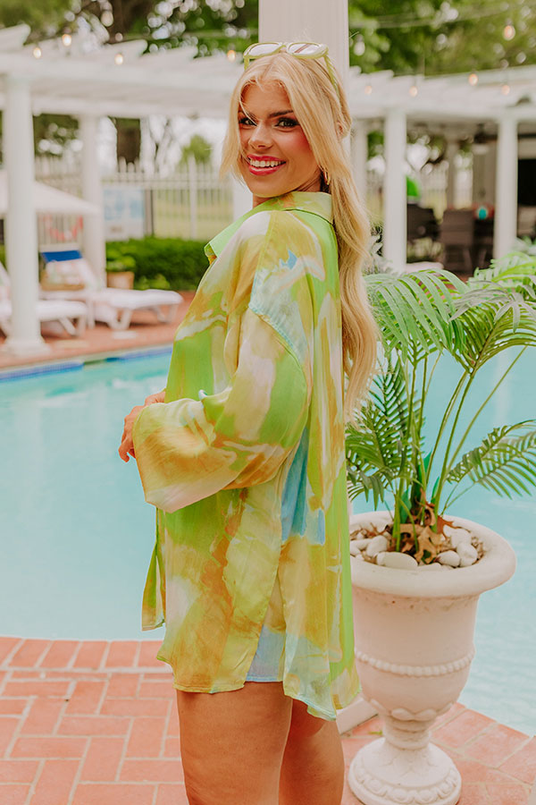 Premium Satin Button-Up Shirt in Lime Punch Marble Print - Curvy Fit