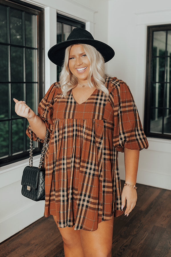 Premium Plus Size Plaid Babydoll Dress - Camel Curves Collection