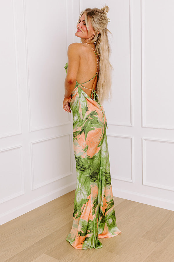 Premium Sunset Sangria Satin Maxi Dress - Olive Elegance