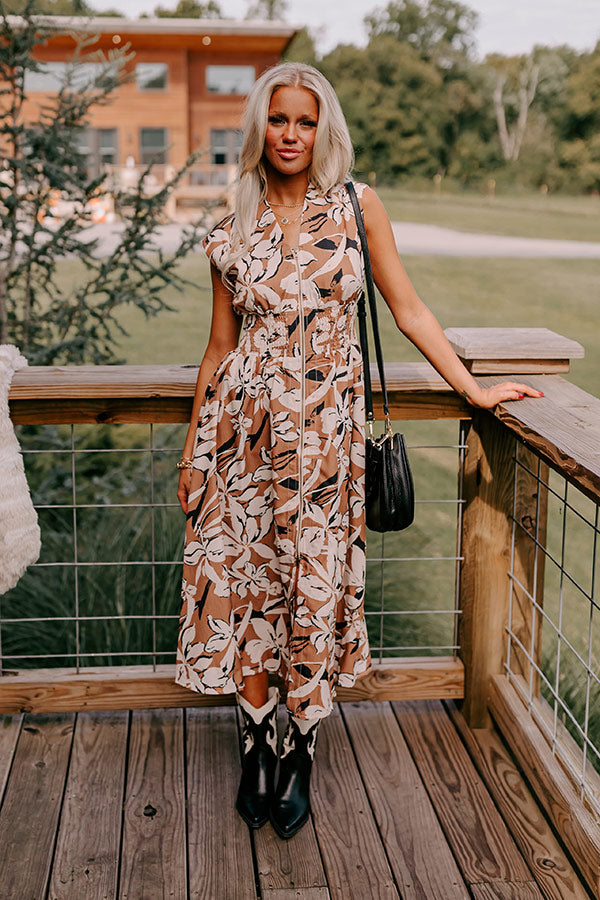 Premium Floral Midi Dress in Camel - Effortless Elegance