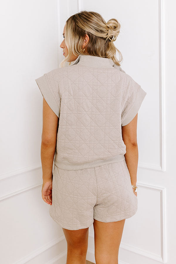 Premium Quilted Mock Neck Top in Warm Taupe