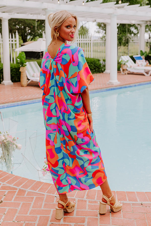 Premium Beachy Days Caftan Midi Dress in Ocean Wave Print