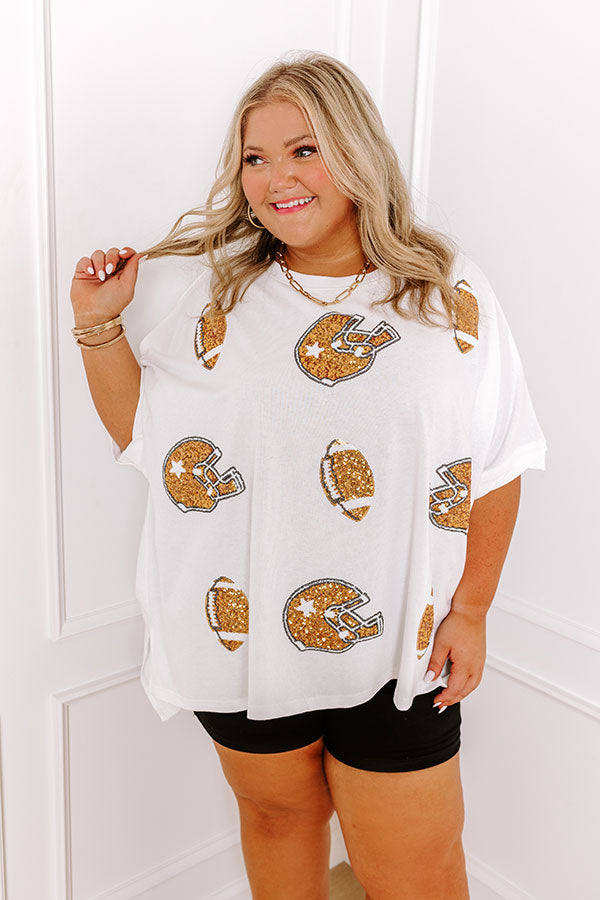 Ultimate Game Day Glam Sequin Oversized Tee - White Curves Edition