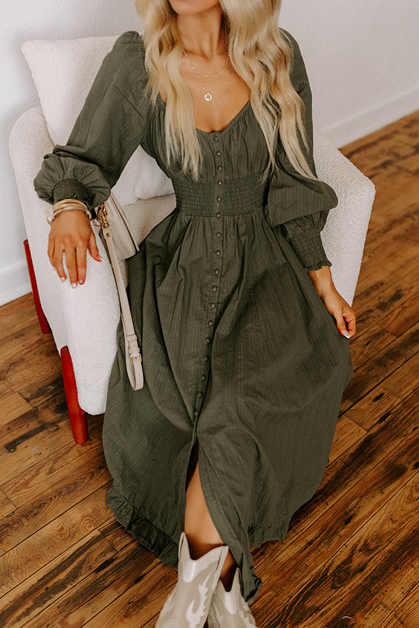 Premium Olive Sunset Views Button Down Midi Dress