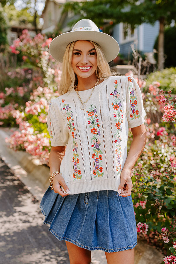 Premium Wildflower Fields Embroidered Knit Top in Ivory