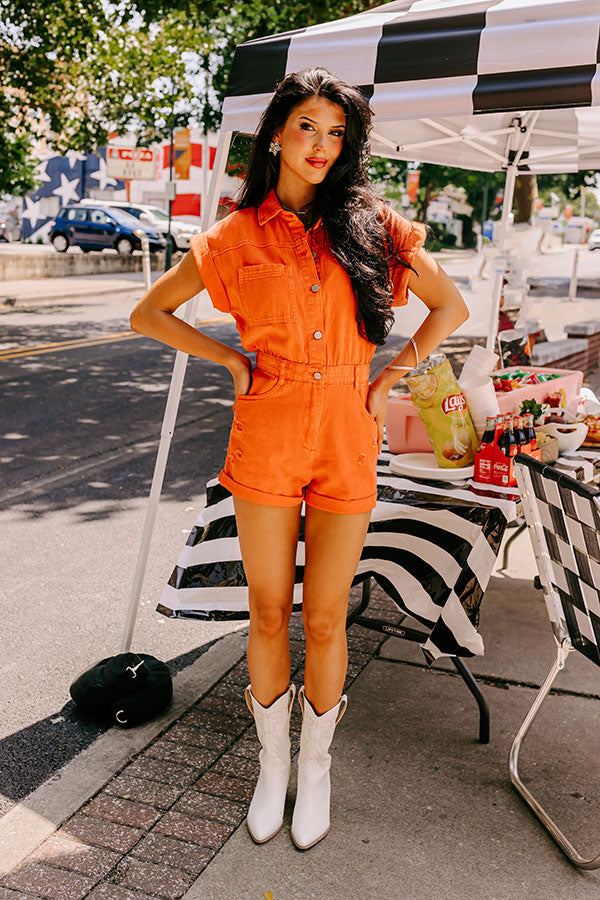 Ultimate Summer Sweet Duet Distressed Denim Romper in Orange