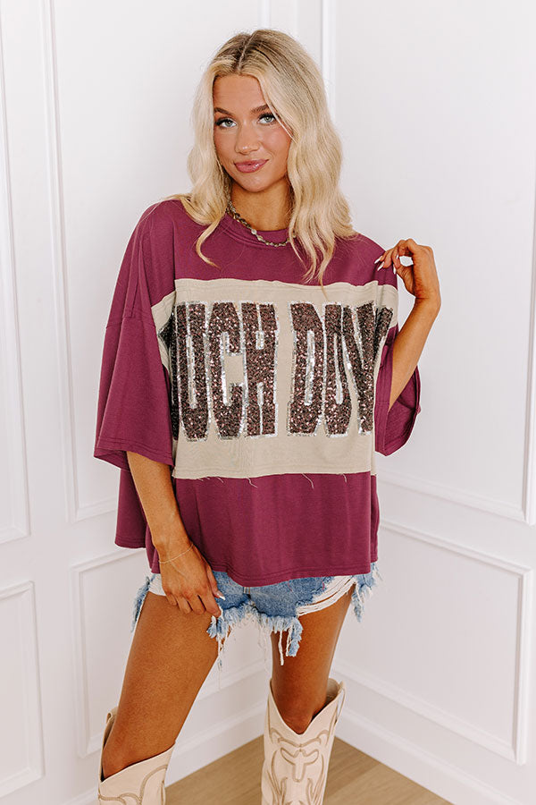 Ultimate Touch Down Sequin Oversized Tee - Garnet Red