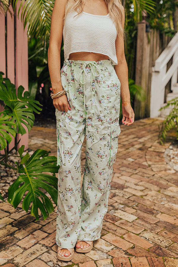 Premium Free Spirit High Waist Floral Cargo Pants in Mint - Ultimate Comfort & Style