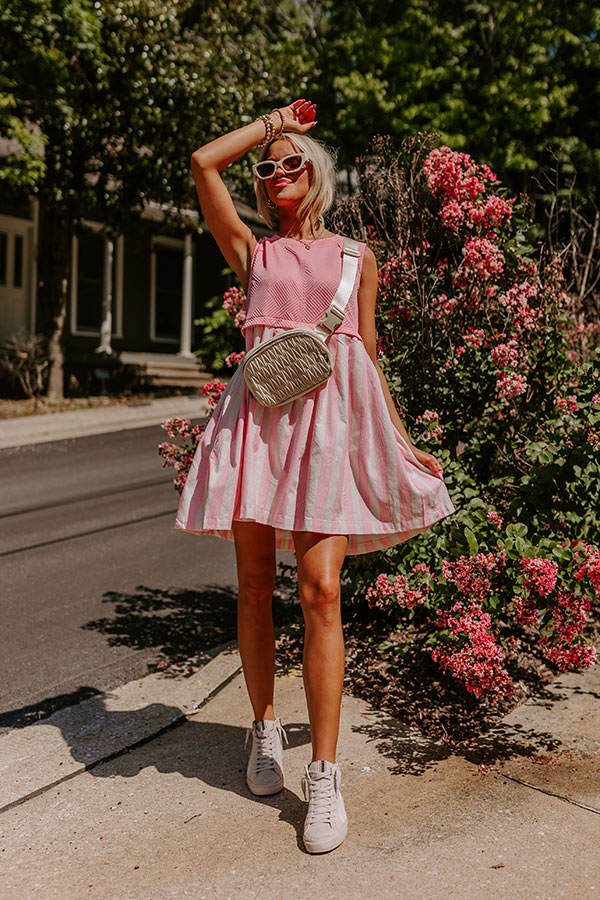 Premium Cute Smile Striped Mini Dress - Pink