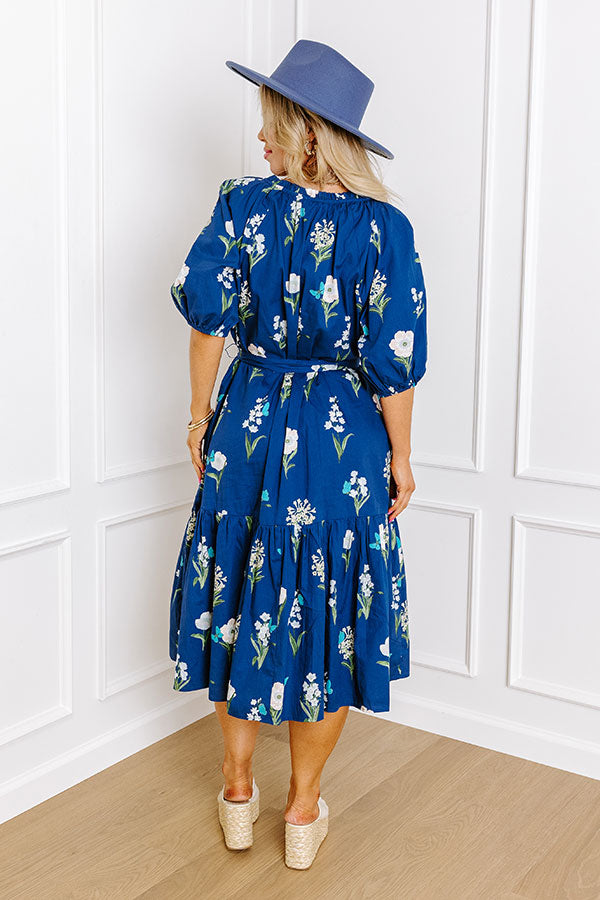 Premium Southern Countryside Floral Midi Dress - Blue Curves