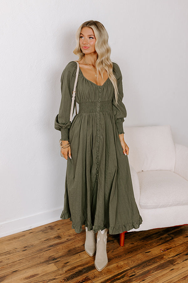 Premium Olive Sunset Views Button Down Midi Dress