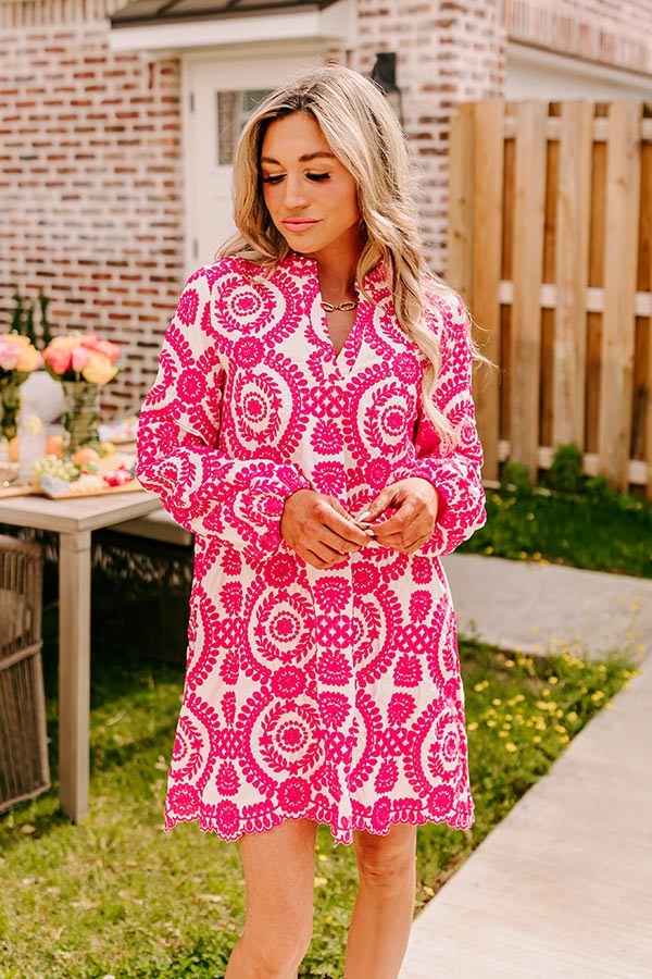 Premium Embroidered Tunic Dress - Hot Pink Floral Design