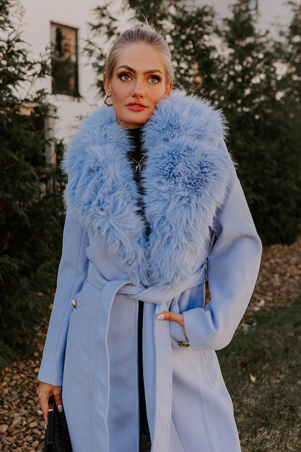 Premium Sky Blue London Bound Coat with Faux Fur Detailing