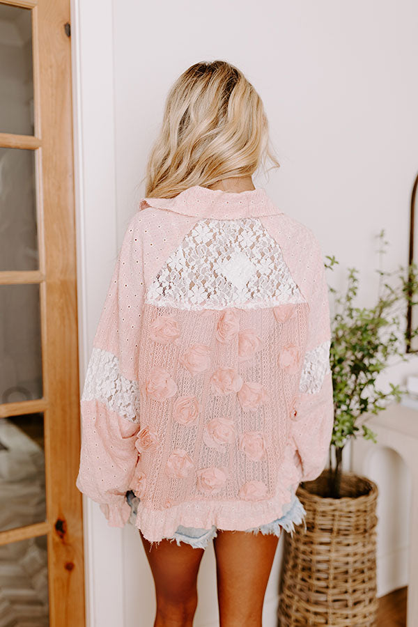 Premium Tea Garden Embellished Knit Button-Up in Pink
