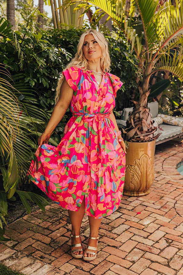 Premium French Riviera Floral Midi Dress - Hot Pink Curves