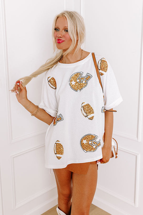 Ultimate Game Day Glam Sequin Oversized Tee - Sparkling White