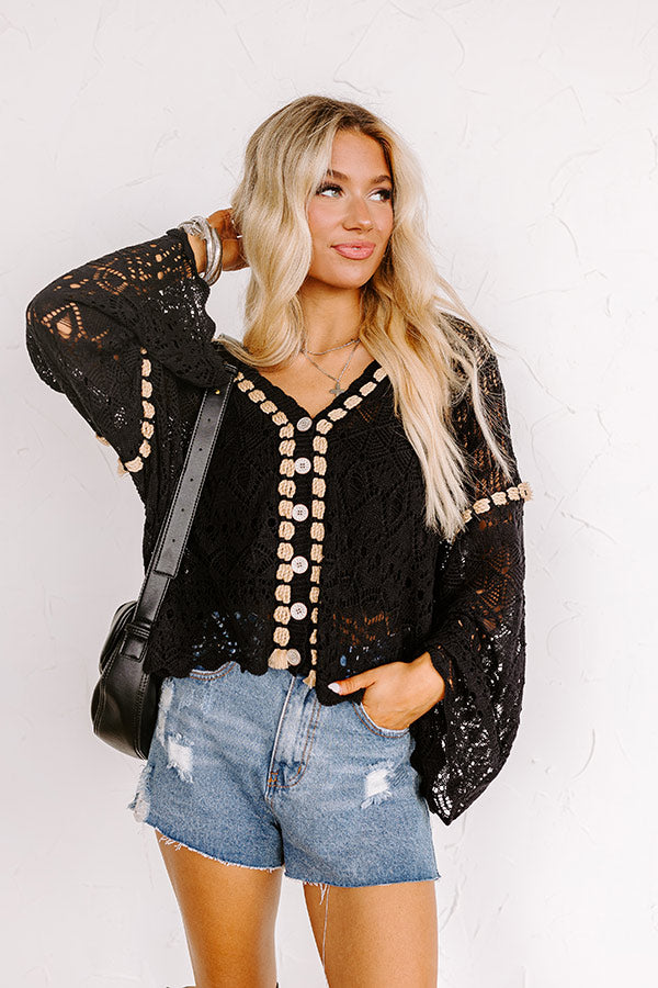 Premium Boho-Chic Pointelle Knit Cardigan in Black