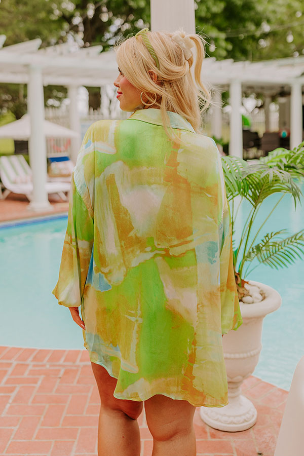 Premium Satin Button-Up Shirt in Lime Punch Marble Print - Curvy Fit