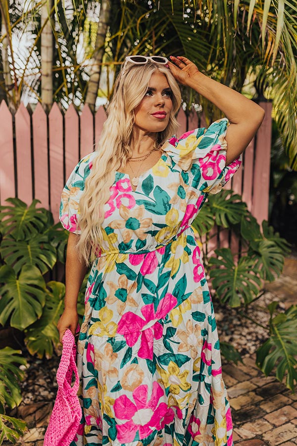 Premium Porch Swing Floral Midi Dress - Sunset Elegance