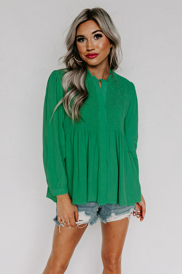 Premium Kelly Green Smocked Top - Effortless Elegance